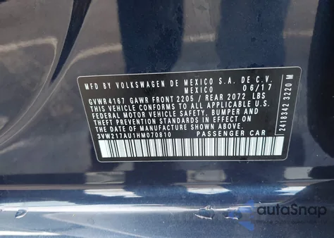 2017 Volkswagen Golf Tsi S 4-Door/Tsi Se 4-Door/Tsi Sel 4-Door/Tsi Wolfsburg Edition 4-Door из США, поврежденный, VIN 3VW217AU1HM070810